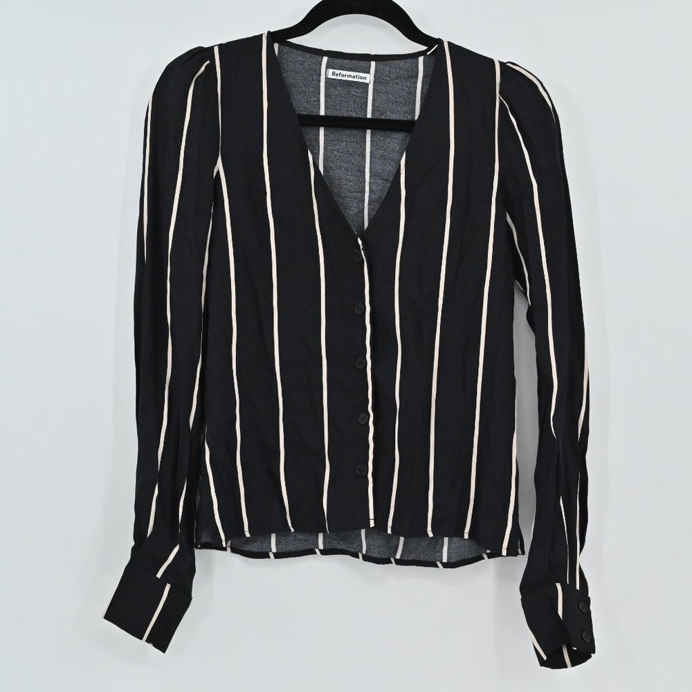 NEW REFORMATION Women's Size XS Black Annaliese Top Sinatra Stripe Blouse - Picture 3 of 10